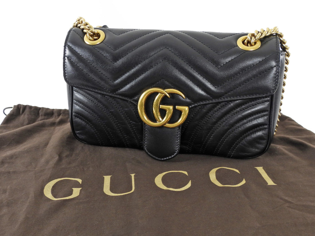 Gucci Black GHW Chevron Quilted Leather GG Marmont Chain Bag