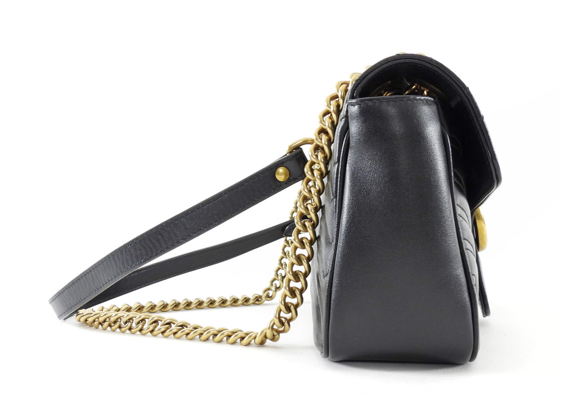 Gucci Black GHW Chevron Quilted Leather GG Marmont Chain Bag