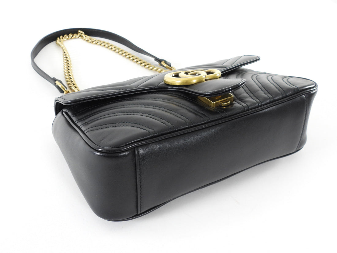 Gucci Black GHW Chevron Quilted Leather GG Marmont Chain Bag