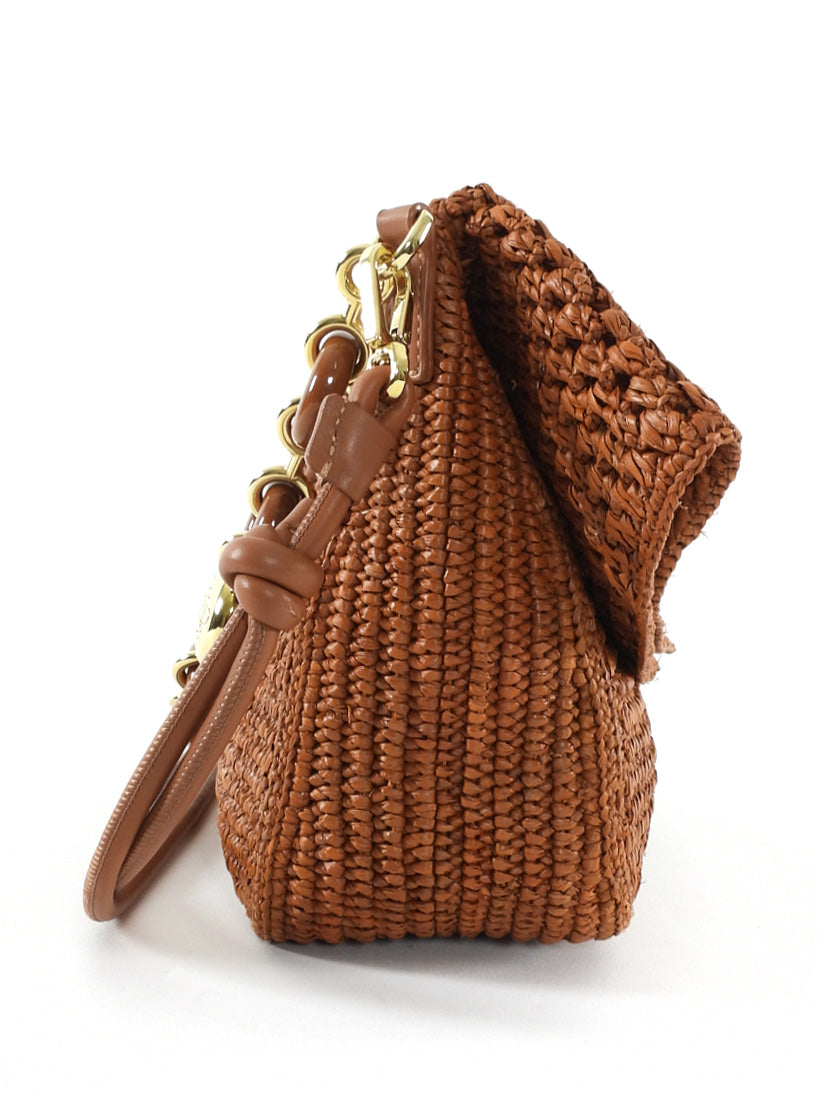 Loewe x Paula's Ibiza Ola Brown Gold Crochet Raffia Medium Chain Shoulder Bag