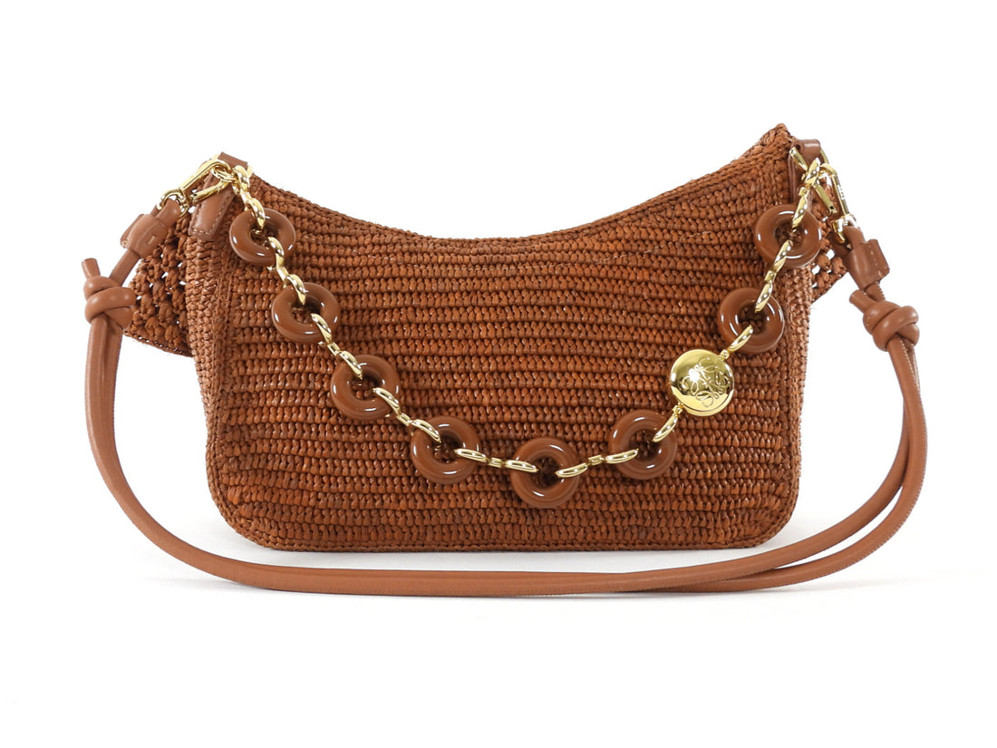 Loewe x Paula's Ibiza Ola Brown Gold Crochet Raffia Medium Chain Shoulder Bag
