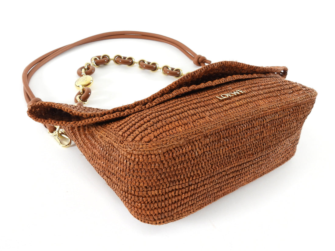 Loewe x Paula's Ibiza Ola Brown Gold Crochet Raffia Medium Chain Shoulder Bag