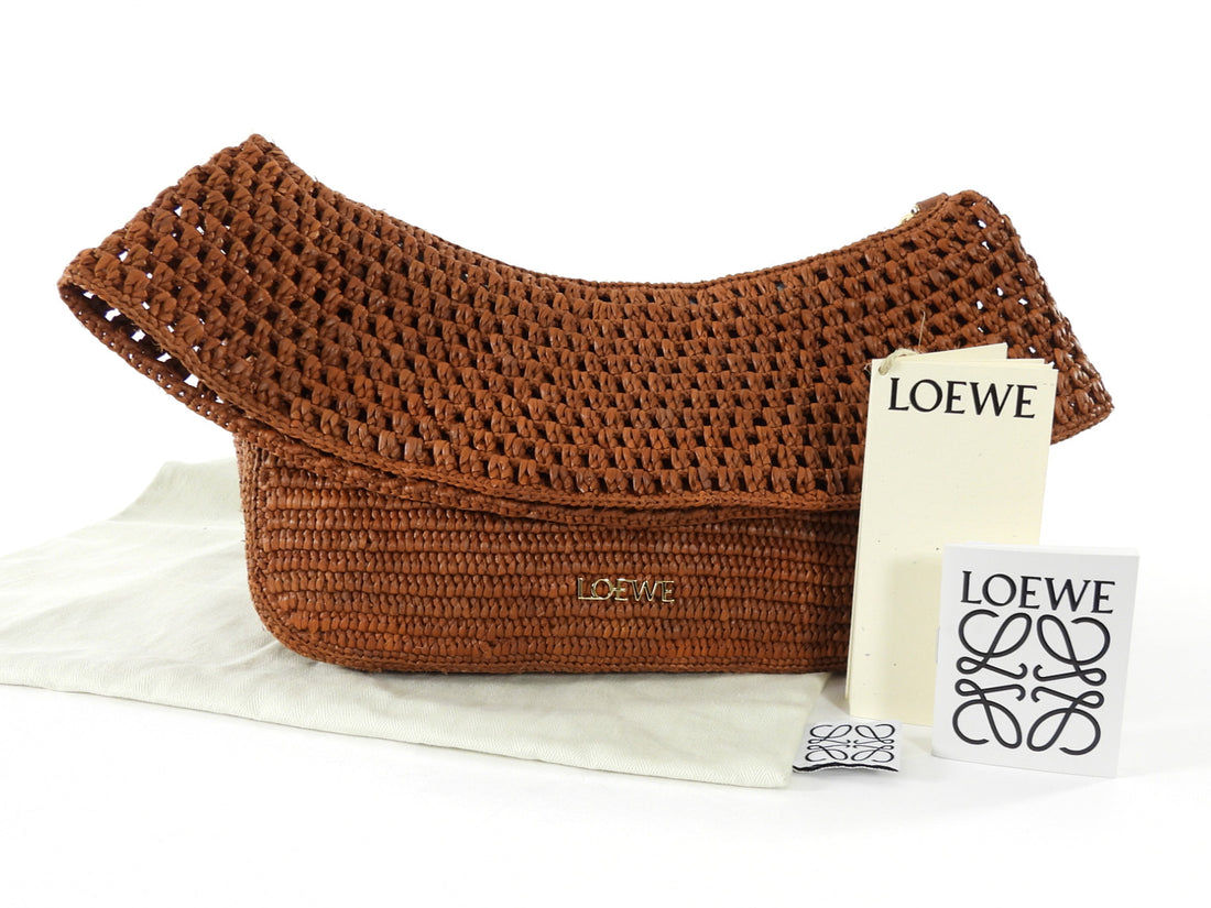 Loewe x Paula's Ibiza Ola Brown Gold Crochet Raffia Medium Chain Shoulder Bag
