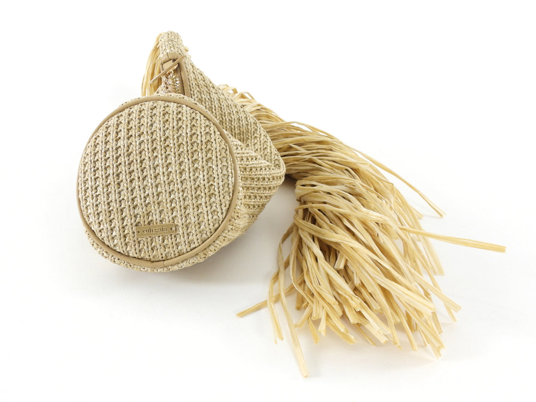 Cult Gaia Viera Natural Beige Raffia Fringe Clutch Bag