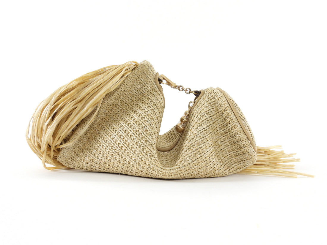 Cult Gaia Viera Natural Beige Raffia Fringe Clutch Bag
