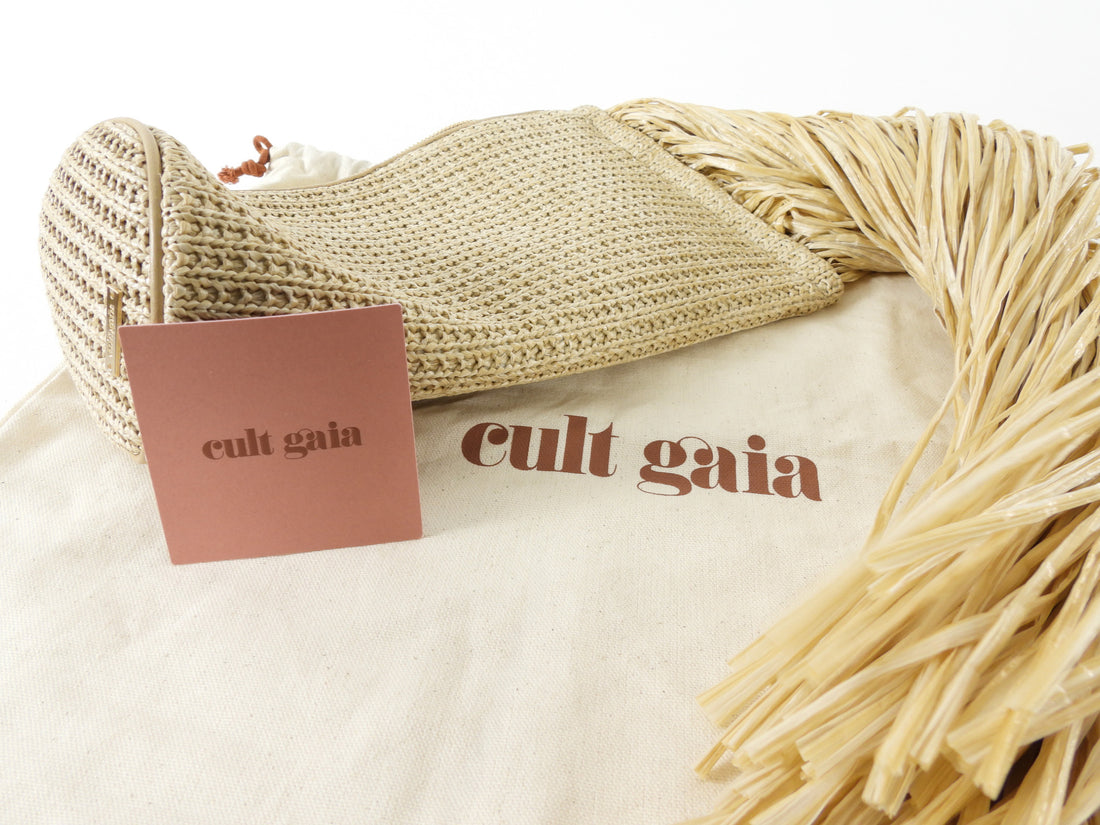 Cult Gaia Viera Natural Beige Raffia Fringe Clutch Bag