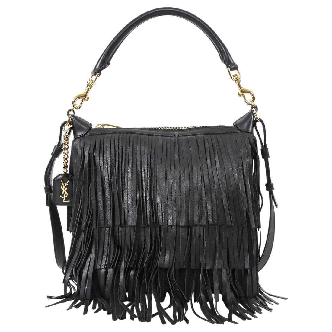 Saint Laurent Black Fringed Leather Emmanuel Hobo Shoulder Bag