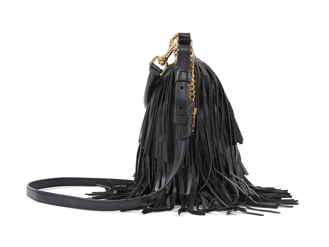 Saint Laurent Black Fringed Leather Emmanuel Hobo Shoulder Bag