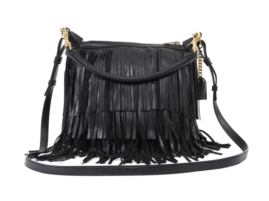 Saint Laurent Black Fringed Leather Emmanuel Hobo Shoulder Bag
