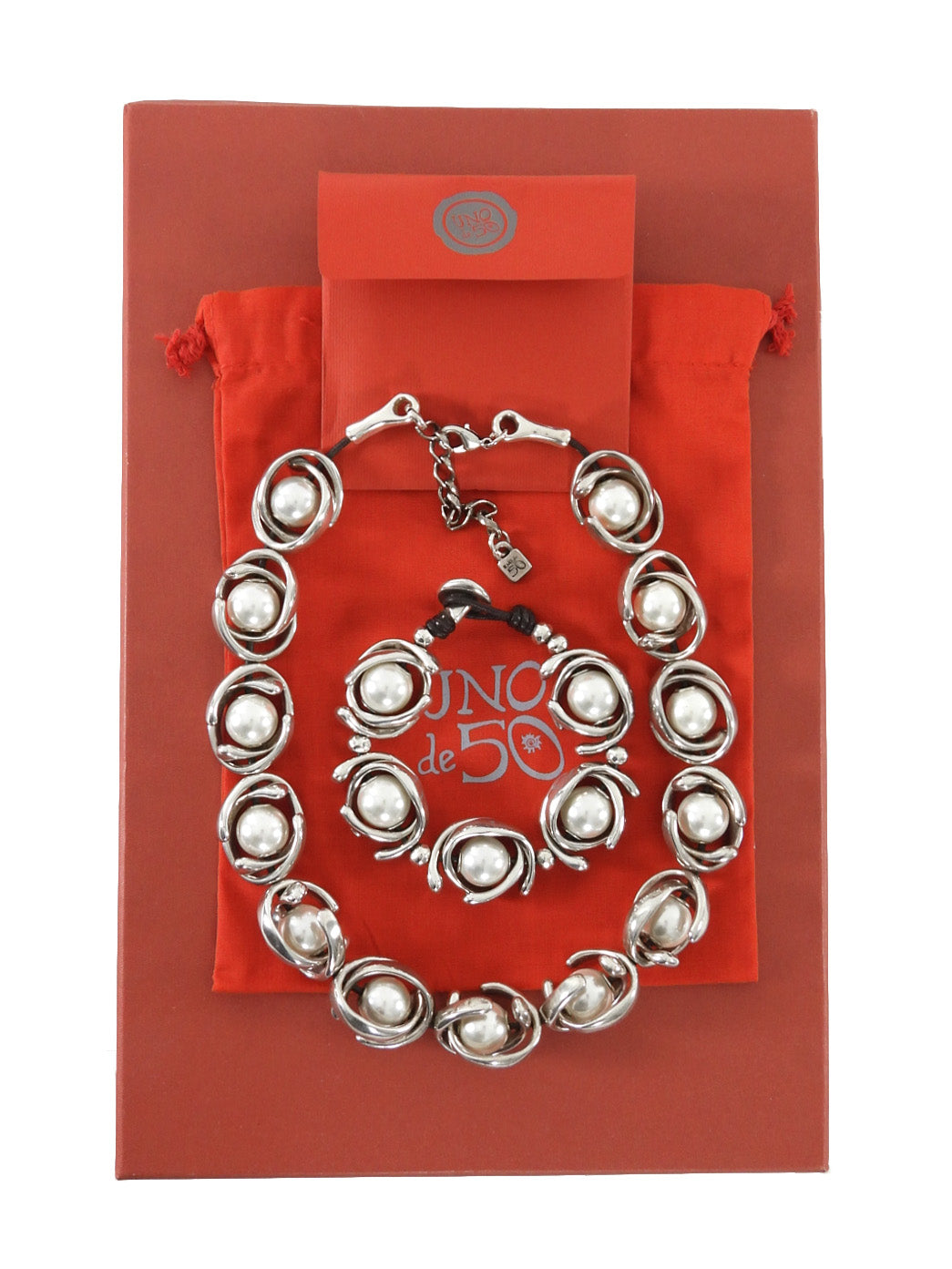 Uno de 50 Silver Double Moon Pearl Silver Plated Necklace Bracelet Set