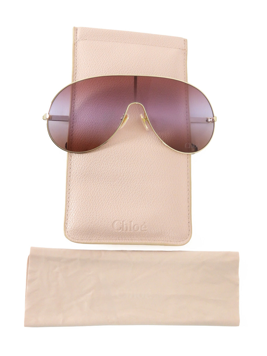 Chloe Brown Gold Goltone Wire Frame Aly Shield Aviator Sunglasses