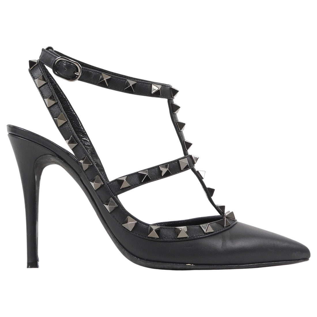 Valentino Black Leather Rockstud Ankle Strap Cage Pointed Pumps - 37