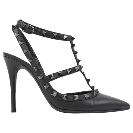 Valentino Black Leather Rockstud Ankle Strap Cage Pointed Pumps - 37