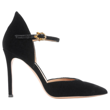 Gianvito Rossi Black Crystal Buckle Velvet Sofia D'Orsay Pump - 36.5