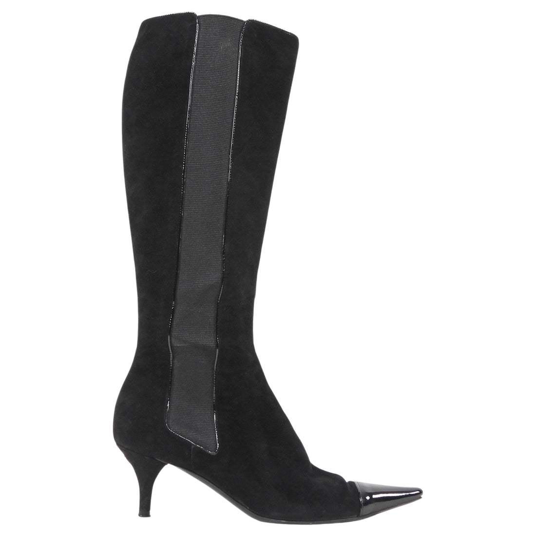 Chanel Black Vintage 2000's Cap Toe Pointed Suede Knee Boots - 36