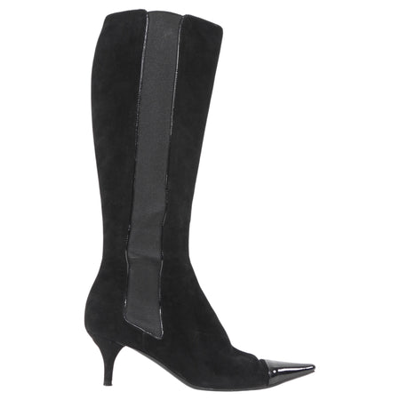 Chanel Black Vintage 2000's Cap Toe Pointed Suede Knee Boots - 36