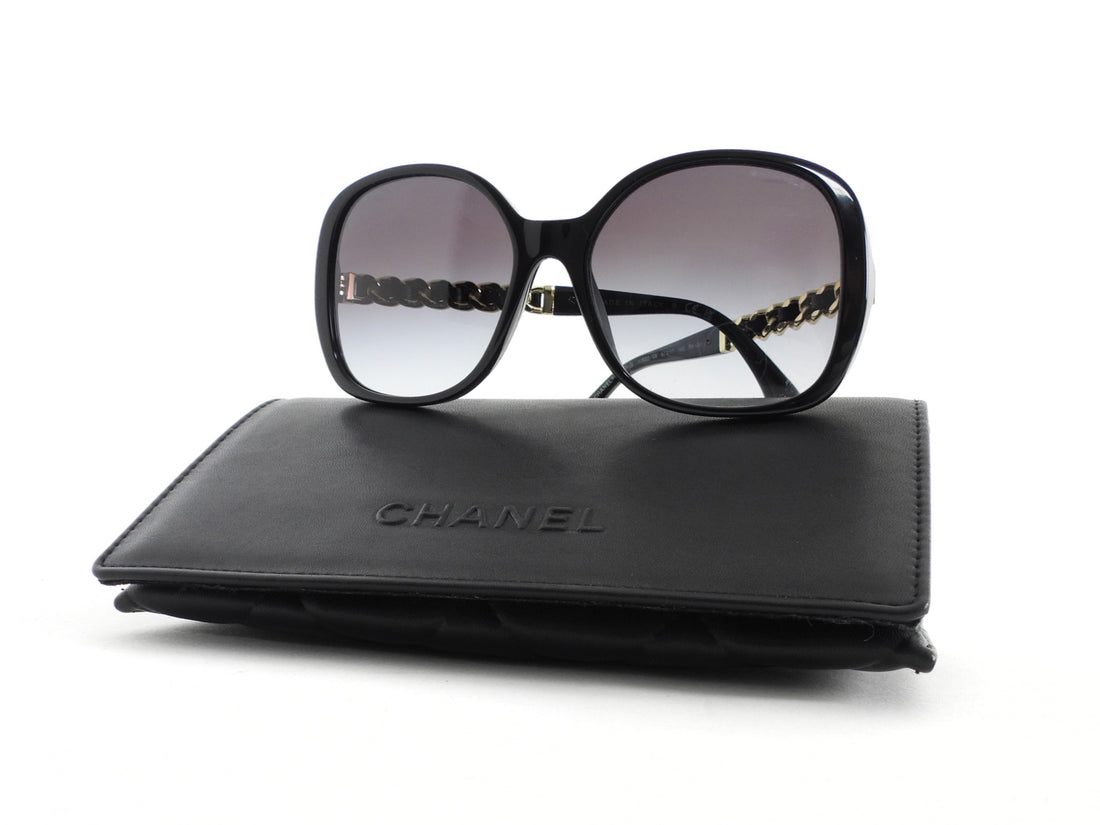 Chanel CC Black Leather and Gold Tone Chain Link Embellished Sunglasses 5470-Q