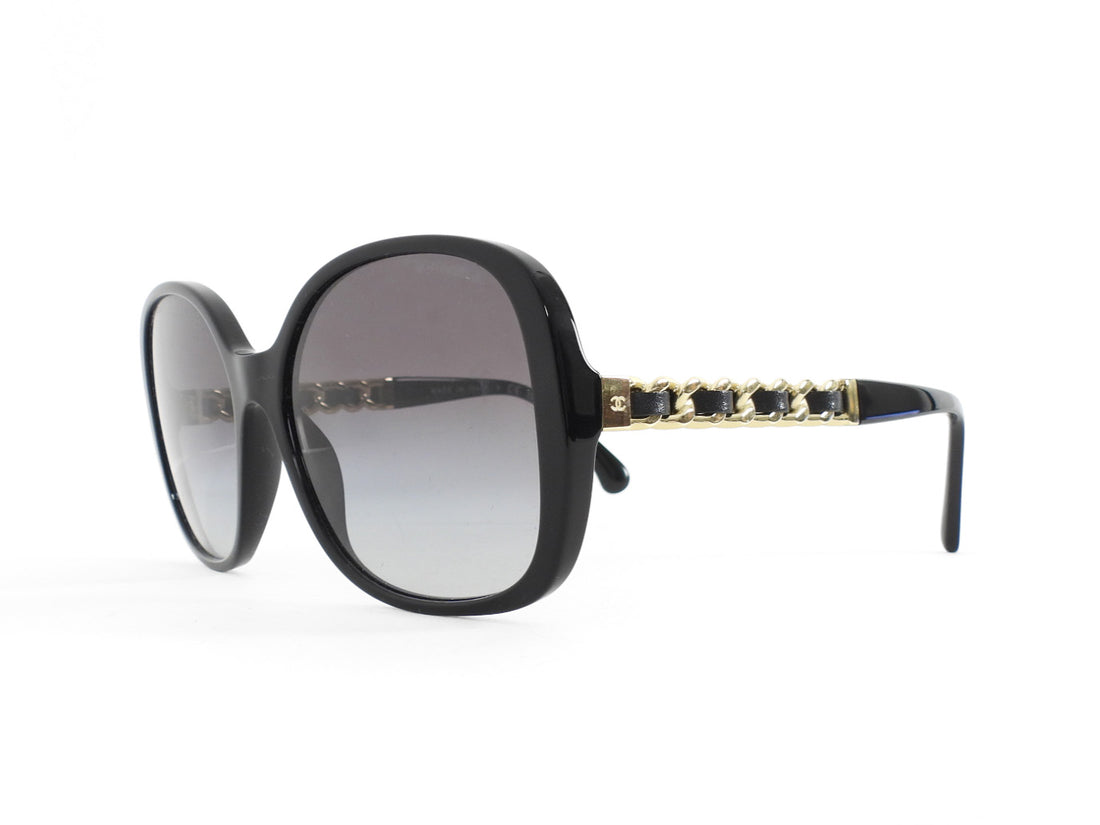 Chanel CC Black Leather and Gold Tone Chain Link Embellished Sunglasses 5470-Q