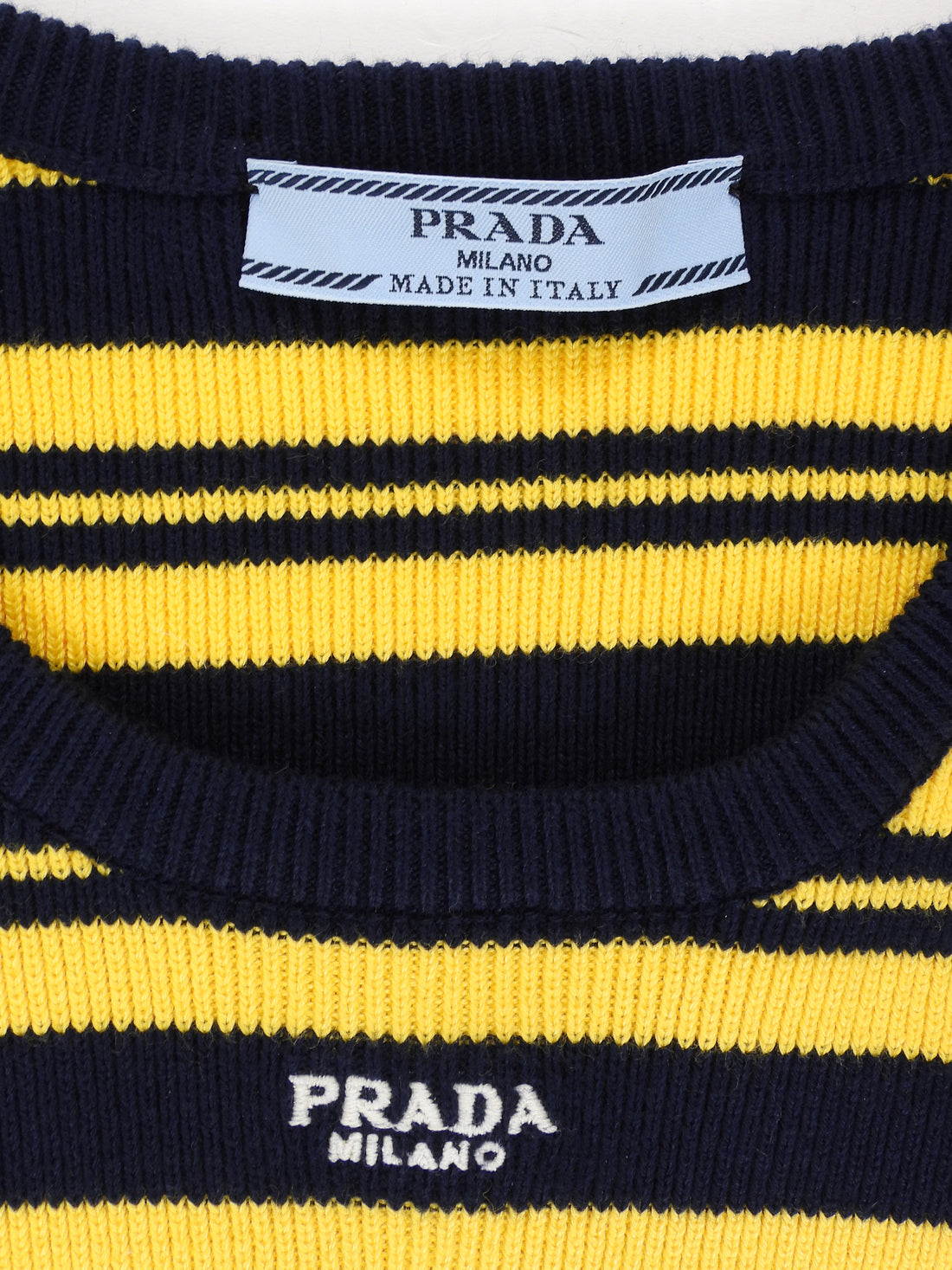 Prada Yellow Navy Stripe Knit Logo Short Sleeve Top - S