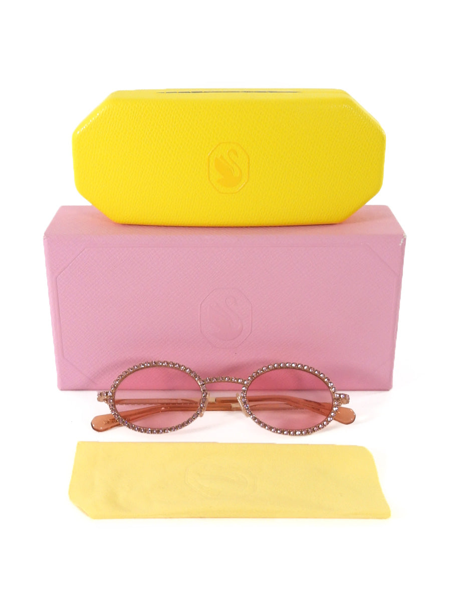 Swarovski Pink Crystal Embellished Gold Tone Rose Lens Oval Sunglasses SK340