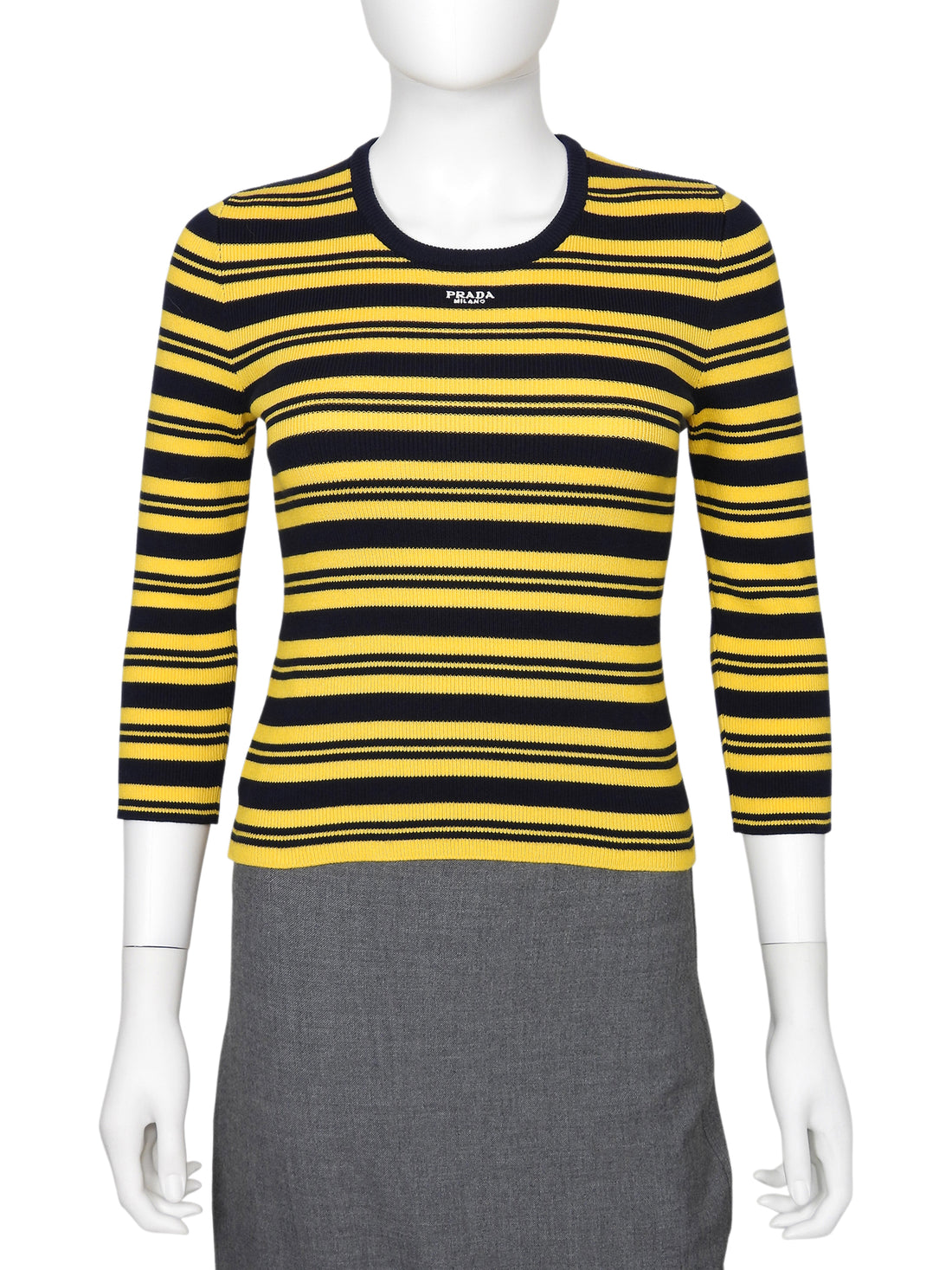 Prada Yellow Navy Stripe Knit Logo Short Sleeve Top - S
