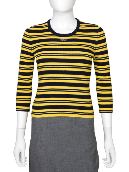 Prada Yellow Navy Stripe Knit Logo Short Sleeve Top - S