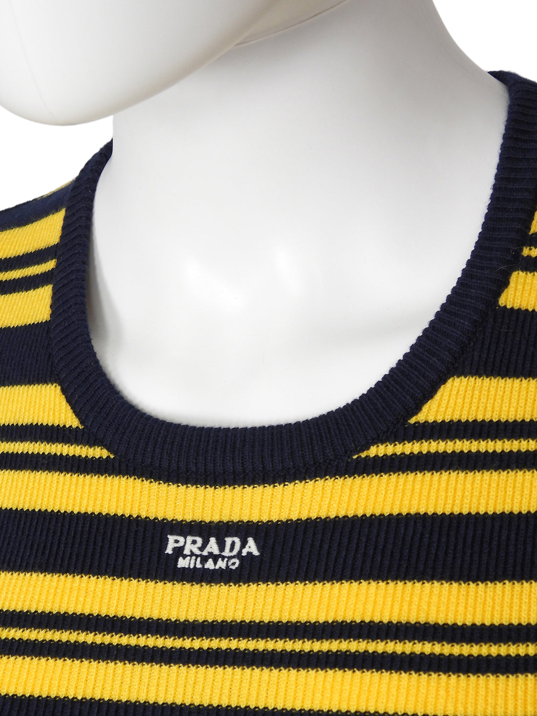 Prada Yellow Navy Stripe Knit Logo Short Sleeve Top - S
