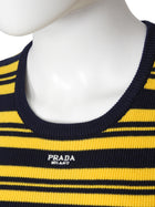 Prada Yellow Navy Stripe Knit Logo Short Sleeve Top - S