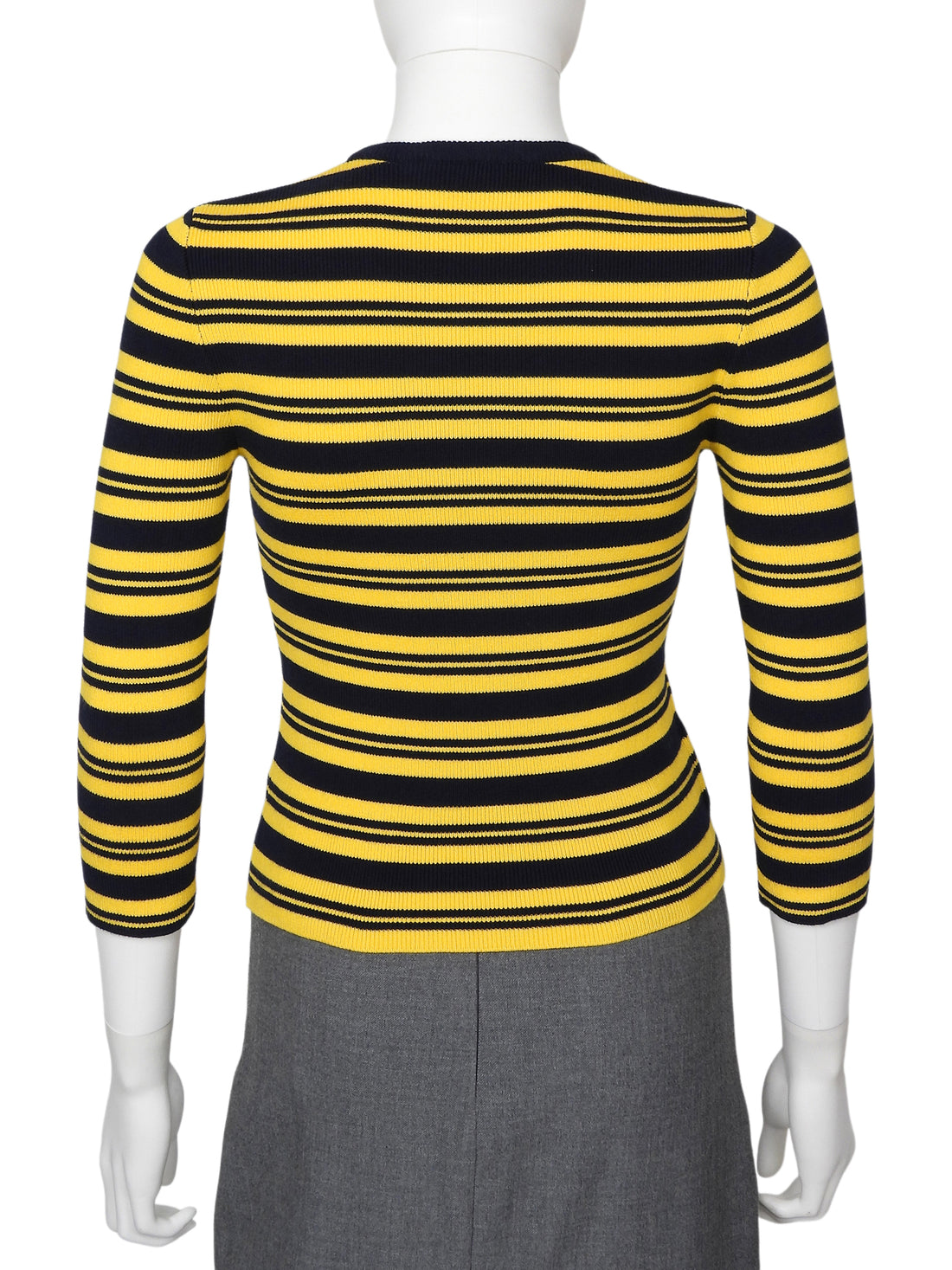 Prada Yellow Navy Stripe Knit Logo Short Sleeve Top - S