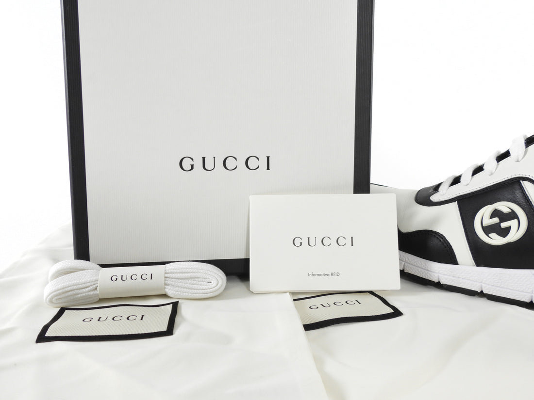 Gucci Black and White Calfskin Interlocking GG Low Top Sneakers - 37