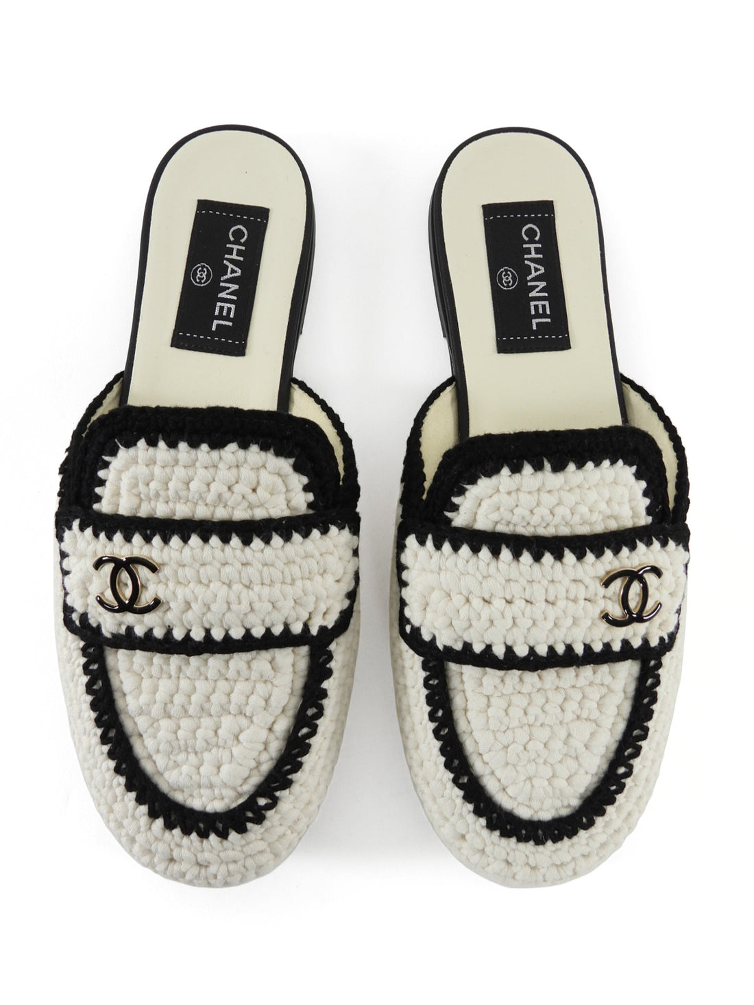 Chanel 2023 Black and White Crochet Knit CC Logo Flat Mules - 37