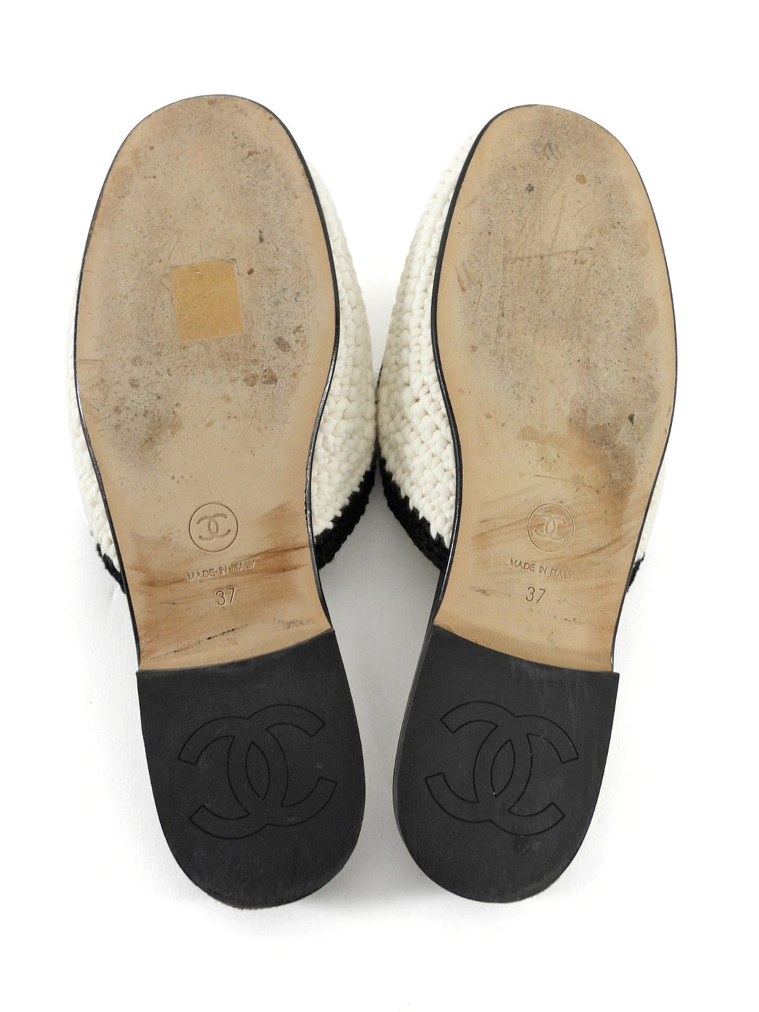 Chanel 2023 Black and White Crochet Knit CC Logo Flat Mules - 37