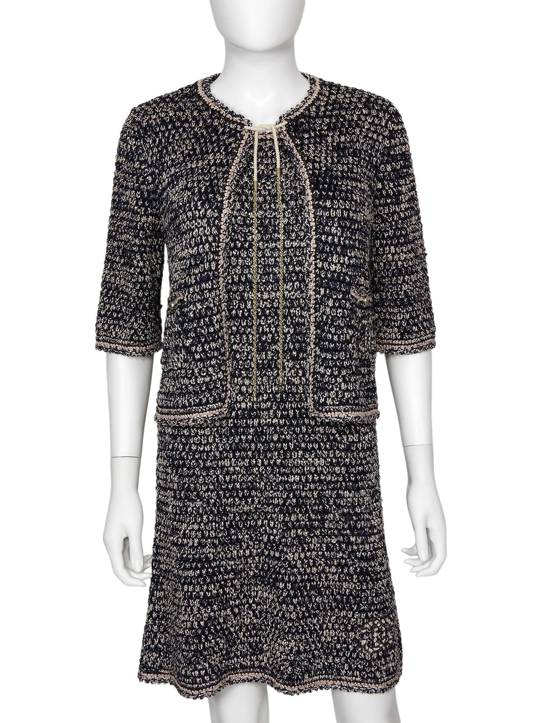 Chanel Navy Brown Beige 11P Knit Chain Jacket and Dress 2pcs - 36 / 38