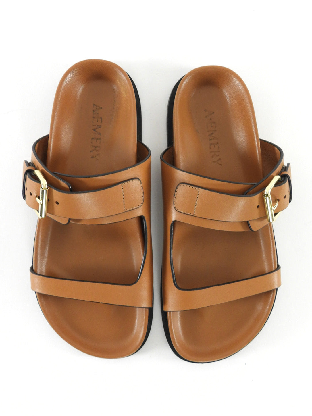 A Emery Tan Brown Prince Leather Flat Slides w Gold Buckle - 38