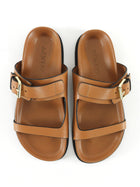 A Emery Tan Brown Prince Leather Flat Slides w Gold Buckle - 38