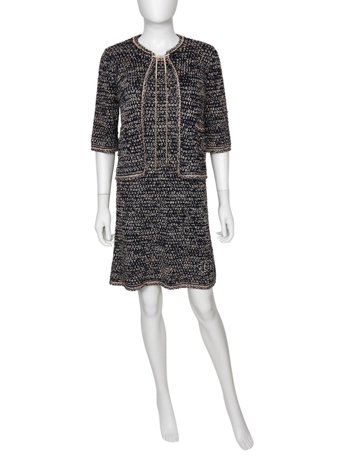 Chanel Navy Brown Beige 11P Knit Chain Jacket and Dress 2pcs - 36 / 38