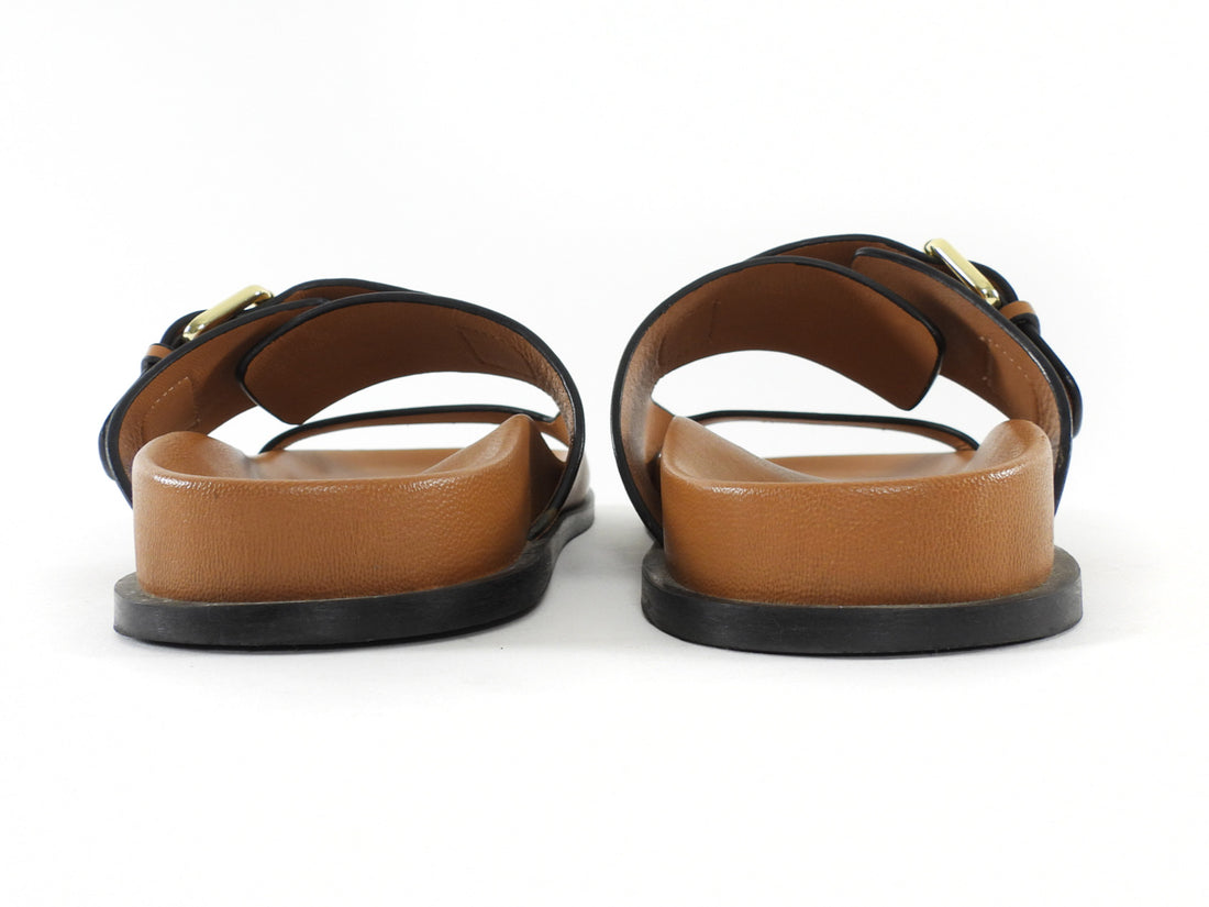 A Emery Tan Brown Prince Leather Flat Slides w Gold Buckle - 38