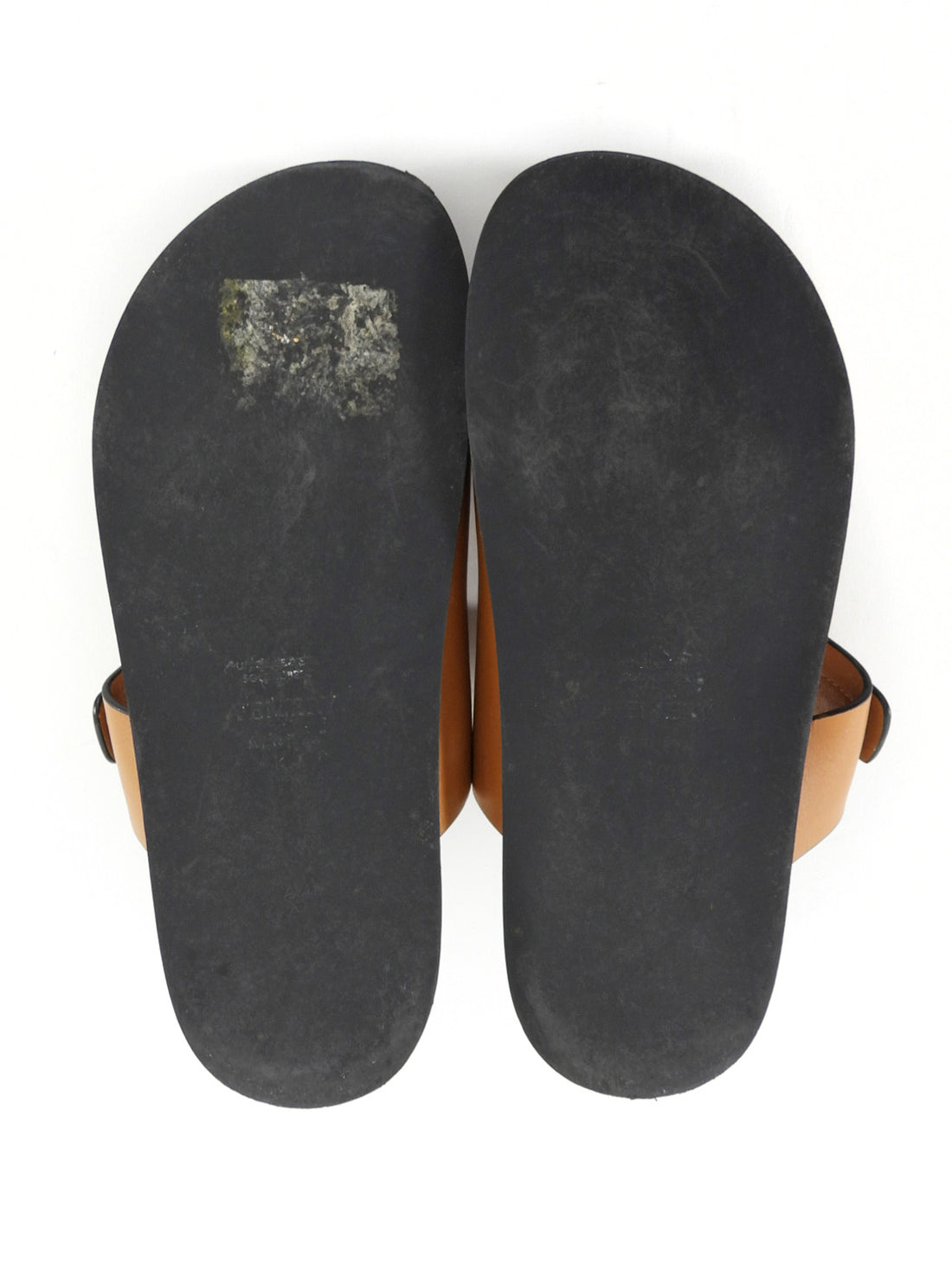 A Emery Tan Brown Prince Leather Flat Slides w Gold Buckle - 38