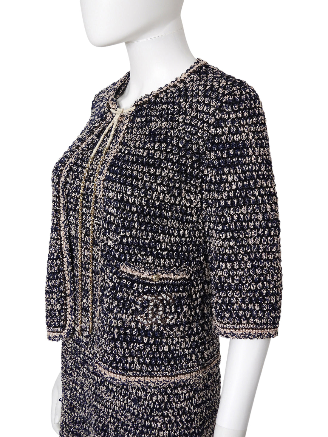 Chanel Navy Brown Beige 11P Knit Chain Jacket and Dress 2pcs - 36 / 38