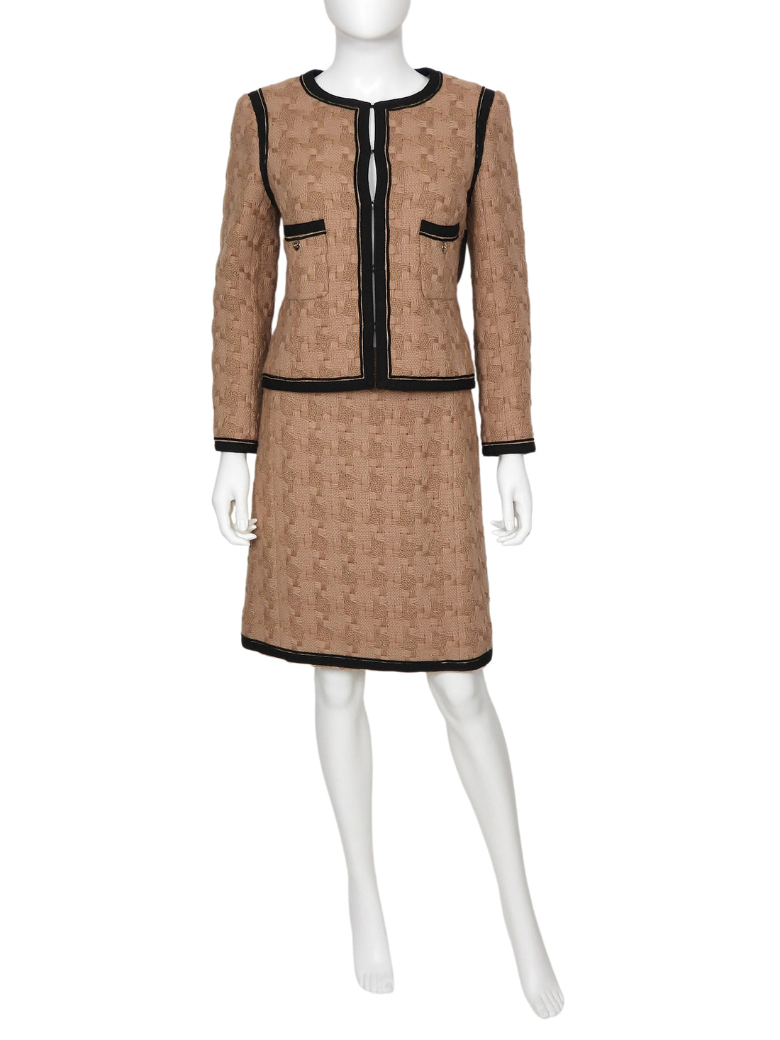 Chanel Camel black 08A Tweed Grosgrain Trim Jacket and Skirt 2pcs Suit - 38