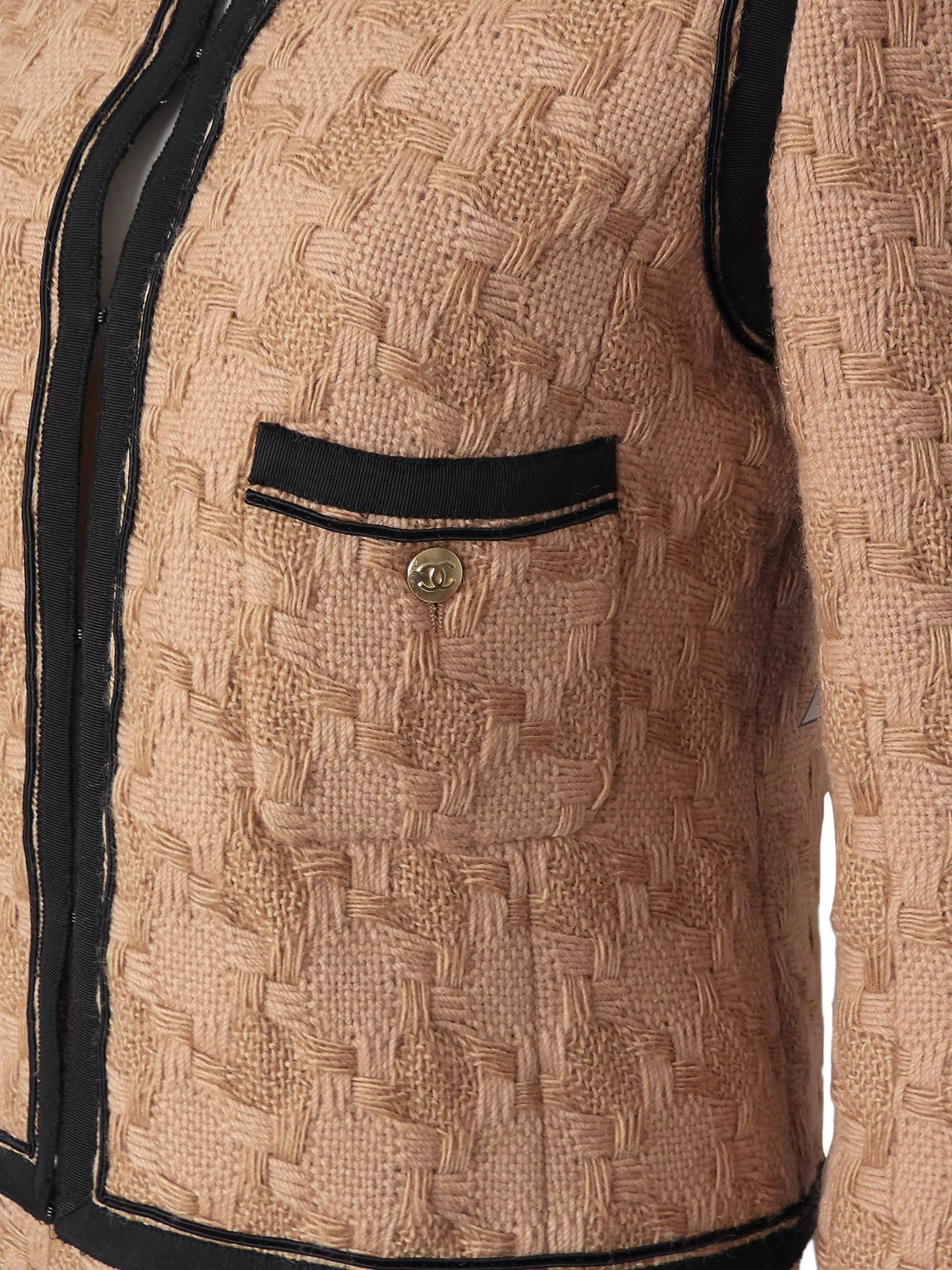 Chanel Camel black 08A Tweed Grosgrain Trim Jacket and Skirt 2pcs Suit - 38