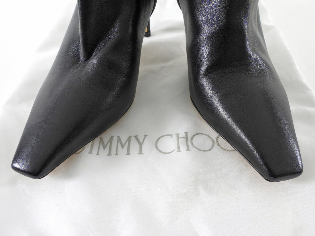 Jimmy Choo Black Leather Open Back Square Toe High Heel Boots - 34.5