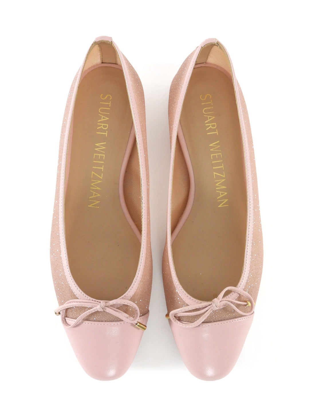 Stuart Weitzman Sleek Bow Pink Sparkle Mesh Leather Trim Cap Toe Ballet Flats - 38