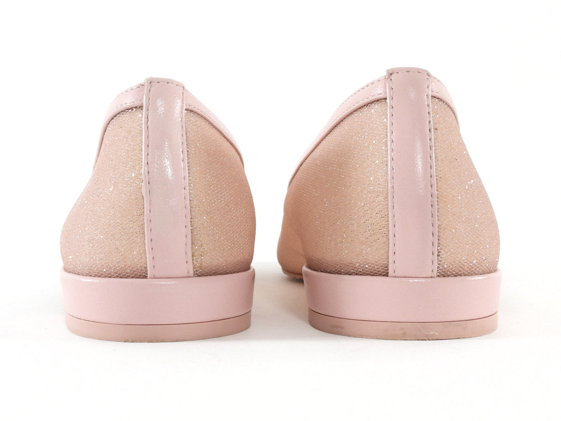 Stuart Weitzman Sleek Bow Pink Sparkle Mesh Leather Trim Cap Toe Ballet Flats - 38