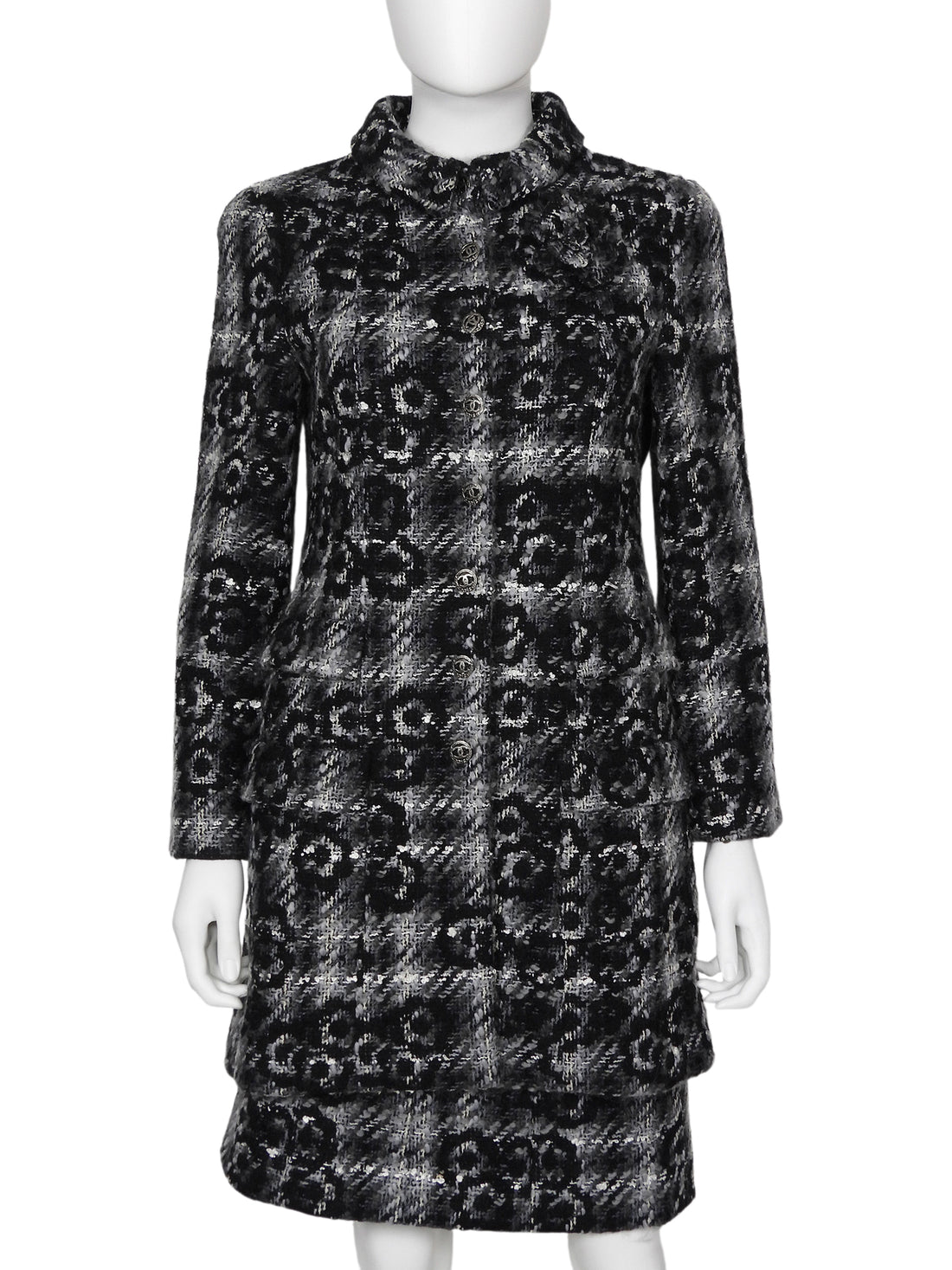 Chanel Black Grey 05A Tweed Wool Camelia Skirt and Coat 2pcs - 38