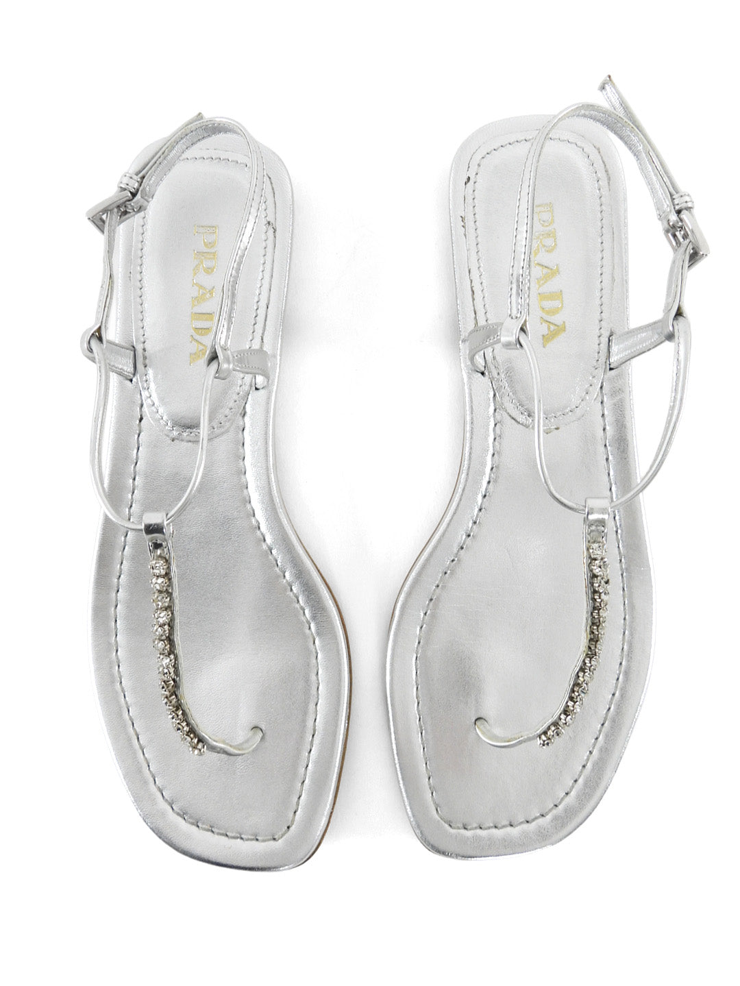 Prada Silver Metallic Leather Crystal Embellished Flat Thong T-Strap Sandals - 36