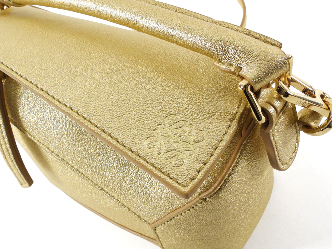Loewe Mini Puzzle Edge Gold Metallic Leather Two Way Bag