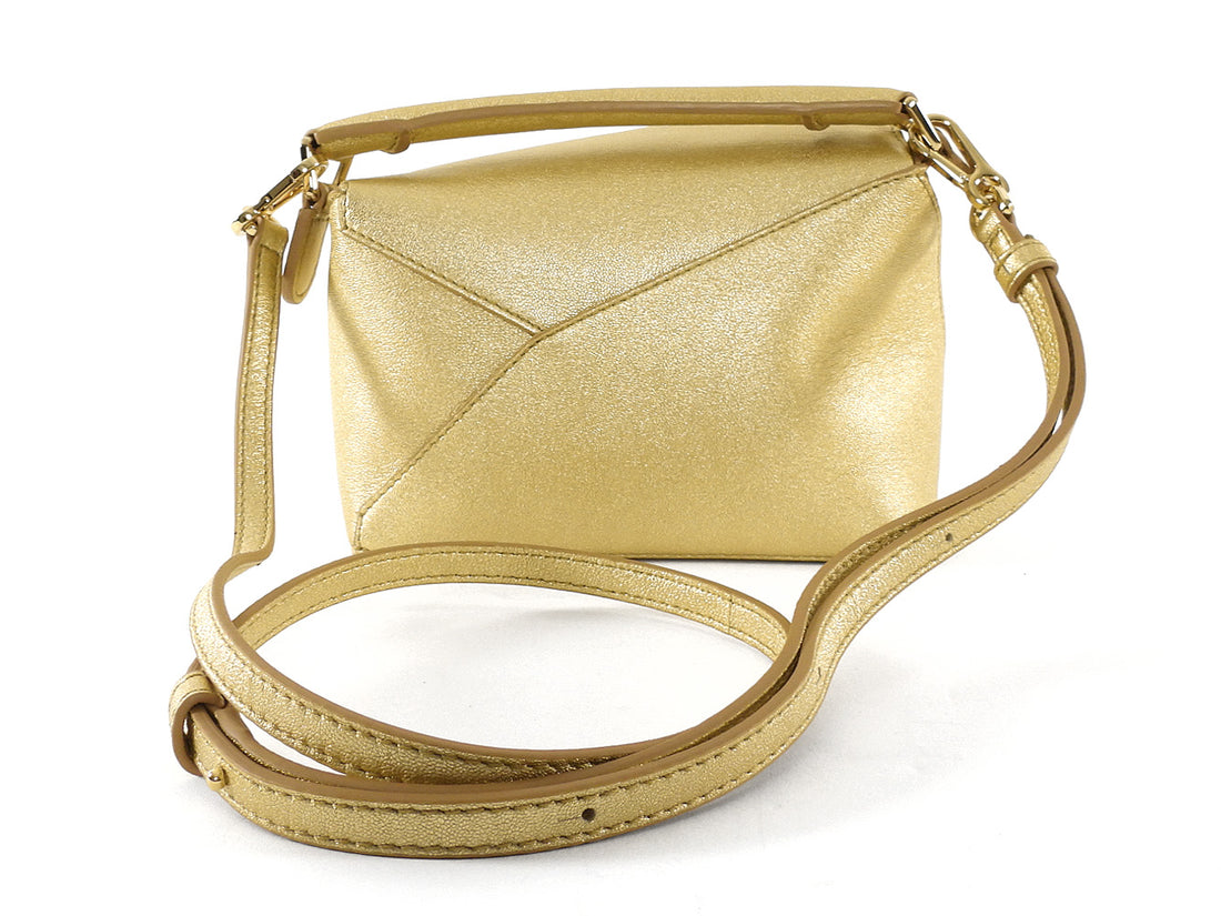 Loewe Mini Puzzle Edge Gold Metallic Leather Two Way Bag