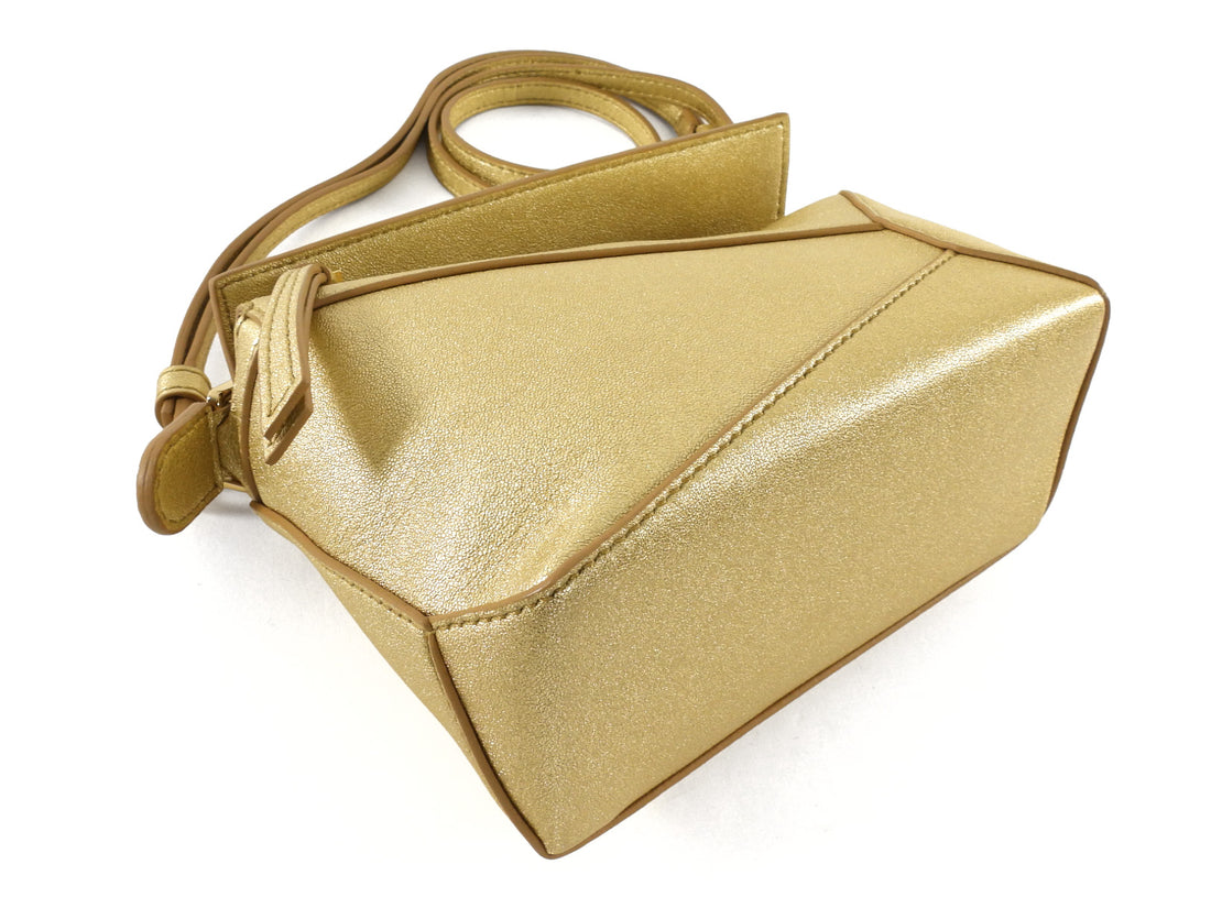 Loewe Mini Puzzle Edge Gold Metallic Leather Two Way Bag