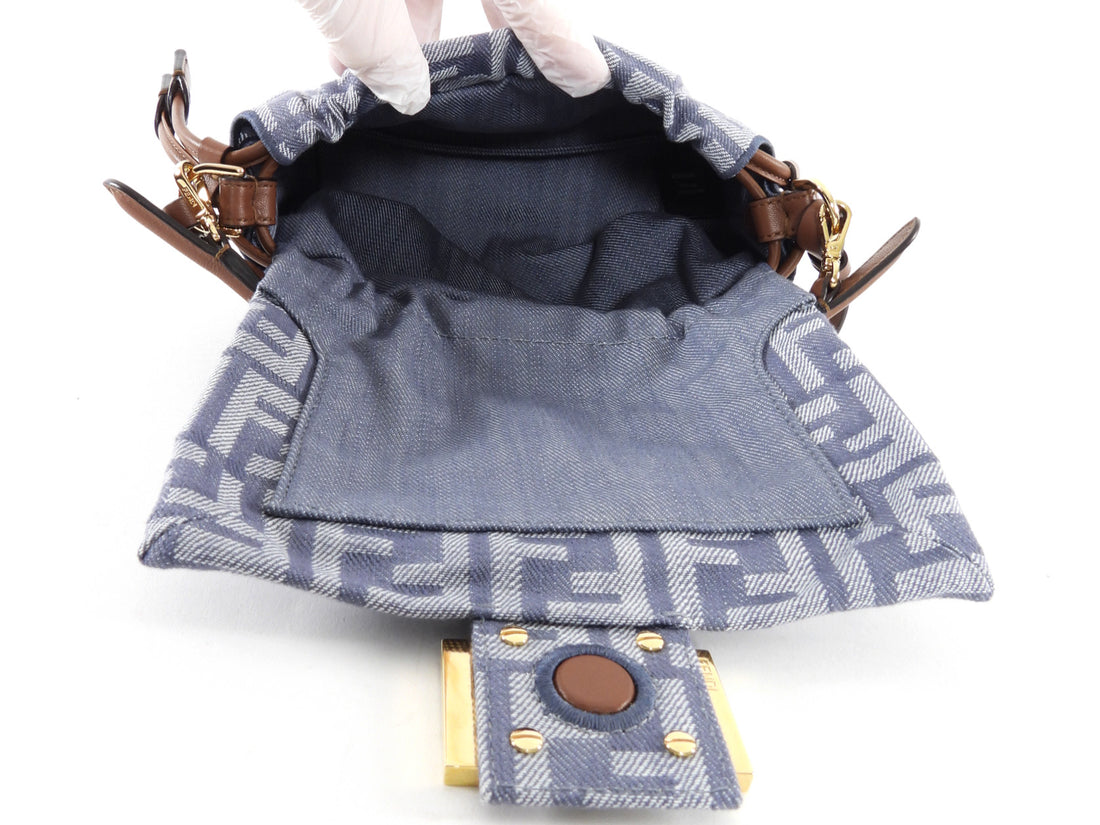 Fendi Blue Denim FF Jacquard Mamma Baguette Small Two Way Bag Small